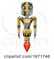 Poster, Art Print Of Droid Containing Round Head And Six Eye Array And Bug Eyes And Light Chest Exoshielding And Ultralight Chest Exosuit And Jet Propulsion Construction Yellow Halftone Front View