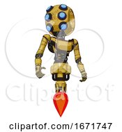 Poster, Art Print Of Droid Containing Round Head And Six Eye Array And Bug Eyes And Light Chest Exoshielding And Ultralight Chest Exosuit And Jet Propulsion Construction Yellow Halftone Hero Pose