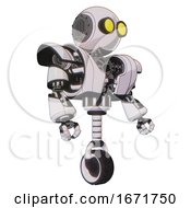 Poster, Art Print Of Automaton Containing Round Head And Large Yellow Eyes And Heavy Upper Chest And Heavy Mech Chest And Unicycle Wheel White Halftone Toon Facing Left View