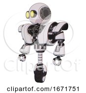 Poster, Art Print Of Automaton Containing Round Head And Large Yellow Eyes And Heavy Upper Chest And Heavy Mech Chest And Unicycle Wheel White Halftone Toon Standing Looking Right Restful Pose