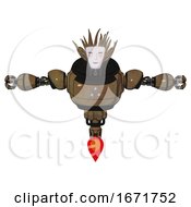 Poster, Art Print Of Robot Containing Humanoid Face Mask And Blood Tears And Heavy Upper Chest And Triangle Of Blue Leds And Jet Propulsion Old Copper T-Pose
