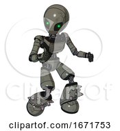 Poster, Art Print Of Automaton Containing Grey Alien Style Head And Green Inset Eyes And Light Chest Exoshielding And Ultralight Chest Exosuit And Light Leg Exoshielding And Spike Foot Mod Concrete Grey Metal
