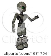 Poster, Art Print Of Automaton Containing Grey Alien Style Head And Green Inset Eyes And Light Chest Exoshielding And Ultralight Chest Exosuit And Light Leg Exoshielding And Spike Foot Mod Concrete Grey Metal