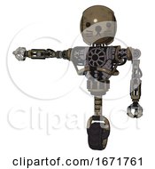 Poster, Art Print Of Robot Containing Round Head And Heavy Upper Chest And No Chest Plating And Unicycle Wheel And Cat Face Desert Tan Painted Arm Out Holding Invisible Object