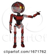 Poster, Art Print Of Robot Containing Oval Wide Head And Yellow Eyes And Barbed Wire Cage Helmet And Light Chest Exoshielding And Ultralight Chest Exosuit And Ultralight Foot Exosuit Cherry Tomato Red