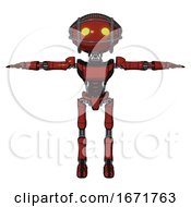 Poster, Art Print Of Robot Containing Oval Wide Head And Yellow Eyes And Barbed Wire Cage Helmet And Light Chest Exoshielding And Ultralight Chest Exosuit And Ultralight Foot Exosuit Cherry Tomato Red T-Pose