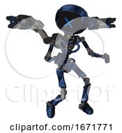 Poster, Art Print Of Android Containing Digital Display Head And X Face And Light Chest Exoshielding And Minigun Back Assembly And No Chest Plating And Ultralight Foot Exosuit Grunge Dark Blue Fight Or Defense Pose