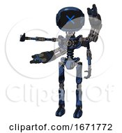 Poster, Art Print Of Android Containing Digital Display Head And X Face And Light Chest Exoshielding And Minigun Back Assembly And No Chest Plating And Ultralight Foot Exosuit Grunge Dark Blue