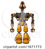 Poster, Art Print Of Automaton Containing Dual Retro Camera Head And Laser Gun Head And Heavy Upper Chest And No Chest Plating And Light Leg Exoshielding Primary Yellow Halftone Front View