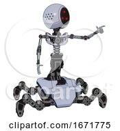 Poster, Art Print Of Droid Containing Three Led Eyes Round Head And Light Chest Exoshielding And No Chest Plating And Insect Walker Legs Blue Tint Toon Pointing Left Or Pushing A Button
