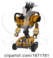 Poster, Art Print Of Automaton Containing Humanoid Face Mask And Die Robots Graffiti Design And Heavy Upper Chest And Chest Energy Sockets And Six-Wheeler Base Worn Construction Yellow