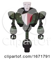 Poster, Art Print Of Automaton Containing Humanoid Face Mask And Heavy Upper Chest And Red Shield Defense Design And Unicycle Wheel Old Corroded Copper Front View