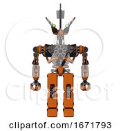 Poster, Art Print Of Automaton Containing Dual Retro Camera Head And Communications Array Head And Heavy Upper Chest And No Chest Plating And Prototype Exoplate Legs Secondary Orange Halftone Front View