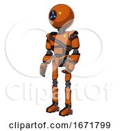 Poster, Art Print Of Automaton Containing Dual Retro Camera Head And Three-Dash Cyclops Round Head And Light Chest Exoshielding And Rubber Chain Sash And Ultralight Foot Exosuit Secondary Orange Halftone