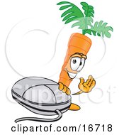 Poster, Art Print Of Orange Carrot Mascot Cartoon Character Waving While Standing By A Computer Mouse