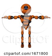 Poster, Art Print Of Automaton Containing Dual Retro Camera Head And Three-Dash Cyclops Round Head And Light Chest Exoshielding And Rubber Chain Sash And Ultralight Foot Exosuit Secondary Orange Halftone T-Pose