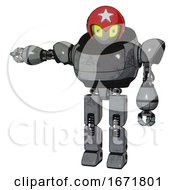 Poster, Art Print Of Bot Containing Grey Alien Style Head And Yellow Eyes With Blue Pupils And Stars And Red Helmet And Heavy Upper Chest And Prototype Exoplate Legs Patent Concrete Gray Metal