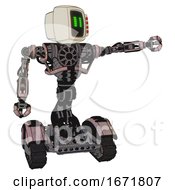 Poster, Art Print Of Bot Containing Old Computer Monitor And Pixel Line Eyes And Red Buttons And Heavy Upper Chest And No Chest Plating And Tank Tracks Powder Pink Metal Pointing Left Or Pushing A Button