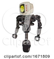 Poster, Art Print Of Droid Containing Old Computer Monitor And Yellow Sad Pixel Face And Red Buttons And Heavy Upper Chest And No Chest Plating And Unicycle Wheel Light Pink Beige Standing Looking Right Restful Pose