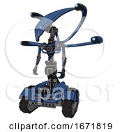 Poster, Art Print Of Cyborg Containing Flat Elongated Skull Head And Light Chest Exoshielding And Blue-Eye Cam Cable Tentacles And No Chest Plating And Tank Tracks Blue Halftone Standing Looking Right Restful Pose