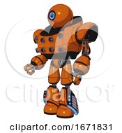Poster, Art Print Of Cyborg Containing Dual Retro Camera Head And Power Symbol Head And Heavy Upper Chest And Chest Energy Sockets And Light Leg Exoshielding And Megneto-Hovers Foot Mod Secondary Orange Halftone