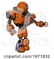 Poster, Art Print Of Cyborg Containing Dual Retro Camera Head And Power Symbol Head And Heavy Upper Chest And Chest Energy Sockets And Light Leg Exoshielding And Megneto-Hovers Foot Mod Secondary Orange Halftone