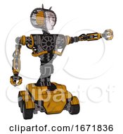 Poster, Art Print Of Bot Containing Humanoid Face Mask And Die Robots Graffiti Design And Heavy Upper Chest And No Chest Plating And Six-Wheeler Base Worn Construction Yellow Pointing Left Or Pushing A Button