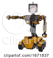 Poster, Art Print Of Bot Containing Humanoid Face Mask And Die Robots Graffiti Design And Heavy Upper Chest And No Chest Plating And Six-Wheeler Base Worn Construction Yellow Arm Out Holding Invisible Object