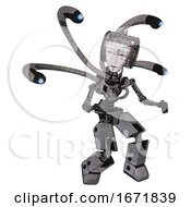 Poster, Art Print Of Bot Containing Humanoid Face Mask And Spiral Design And Light Chest Exoshielding And Blue-Eye Cam Cable Tentacles And No Chest Plating And Prototype Exoplate Legs Unpainted Metal