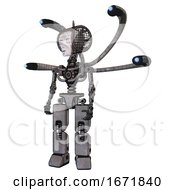 Poster, Art Print Of Bot Containing Humanoid Face Mask And Spiral Design And Light Chest Exoshielding And Blue-Eye Cam Cable Tentacles And No Chest Plating And Prototype Exoplate Legs Unpainted Metal