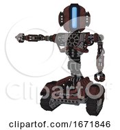 Poster, Art Print Of Automaton Containing Round Head And Large Vertical Visor And Head Light Gadgets And Heavy Upper Chest And No Chest Plating And Tank Tracks Steampunk Copper Arm Out Holding Invisible Object