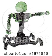 Poster, Art Print Of Bot Containing Dots Array Face And Heavy Upper Chest And No Chest Plating And Insect Walker Legs Green Tint Toon Pointing Left Or Pushing A Button