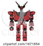 Poster, Art Print Of Automaton Containing Dual Retro Camera Head And Communications Array Head And Heavy Upper Chest And Heavy Mech Chest And Shoulder Spikes And Prototype Exoplate Legs Primary Red Halftone Front View