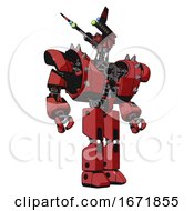Poster, Art Print Of Automaton Containing Dual Retro Camera Head And Communications Array Head And Heavy Upper Chest And Heavy Mech Chest And Shoulder Spikes And Prototype Exoplate Legs Primary Red Halftone Hero Pose