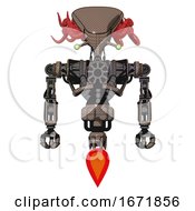 Poster, Art Print Of Cyborg Containing Flat Elongated Skull Head And Cables And Heavy Upper Chest And No Chest Plating And Jet Propulsion Khaki Halftone Front View