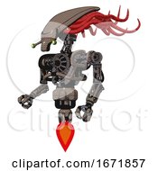 Poster, Art Print Of Cyborg Containing Flat Elongated Skull Head And Cables And Heavy Upper Chest And No Chest Plating And Jet Propulsion Khaki Halftone Facing Right View