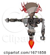Poster, Art Print Of Cyborg Containing Flat Elongated Skull Head And Cables And Heavy Upper Chest And No Chest Plating And Jet Propulsion Khaki Halftone Arm Out Holding Invisible Object