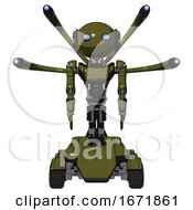 Poster, Art Print Of Automaton Containing Oval Wide Head And Blue Eyes And Light Chest Exoshielding And Ultralight Chest Exosuit And Blue-Eye Cam Cable Tentacles And Six-Wheeler Base Army Green Halftone Front View