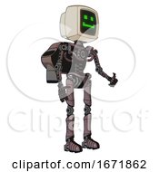 Poster, Art Print Of Robot Containing Old Computer Monitor And Happy Pixel Face And Light Chest Exoshielding And Rocket Pack And No Chest Plating And Ultralight Foot Exosuit Dusty Rose Red Metal Facing Left View