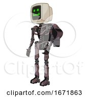 Poster, Art Print Of Robot Containing Old Computer Monitor And Happy Pixel Face And Light Chest Exoshielding And Rocket Pack And No Chest Plating And Ultralight Foot Exosuit Dusty Rose Red Metal Facing Right View