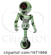 Poster, Art Print Of Droid Containing Three Led Eyes Round Head And Light Chest Exoshielding And Ultralight Chest Exosuit And Unicycle Wheel Green Tint Toon Hero Pose
