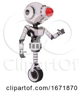 Poster, Art Print Of Bot Containing Round Head And Red Laser Crystal Array And Head Light Gadgets And Light Chest Exoshielding And Ultralight Chest Exosuit And Unicycle Wheel White Halftone Toon Interacting