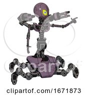 Poster, Art Print Of Android Containing Grey Alien Style Head And Yellow Eyes With Blue Pupils And Light Chest Exoshielding And Minigun Back Assembly And No Chest Plating And Insect Walker Legs Lilac Metal