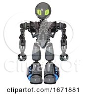 Poster, Art Print Of Mech Containing Grey Alien Style Head And Cats Eyes And Heavy Upper Chest And No Chest Plating And Light Leg Exoshielding And Megneto-Hovers Foot Mod Patent Concrete Gray Metal Front View