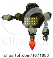 Poster, Art Print Of Robot Containing Digital Display Head And Woo Expression And Heavy Upper Chest And Colored Lights Array And Jet Propulsion Grunge Army Green Arm Out Holding Invisible Object