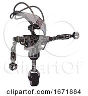 Poster, Art Print Of Bot Containing Flat Elongated Skull Head And Cables And Heavy Upper Chest And No Chest Plating And Unicycle Wheel Halftone Gray Pointing Left Or Pushing A Button