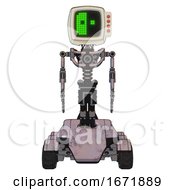 Poster, Art Print Of Bot Containing Old Computer Monitor And Abstract Mask Pixel Face And Red Buttons And Light Chest Exoshielding And No Chest Plating And Six-Wheeler Base Gray Metal Front View