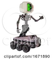 Poster, Art Print Of Bot Containing Old Computer Monitor And Abstract Mask Pixel Face And Red Buttons And Light Chest Exoshielding And No Chest Plating And Six-Wheeler Base Gray Metal Interacting