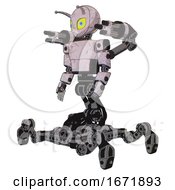 Poster, Art Print Of Robot Containing Grey Alien Style Head And Yellow Eyes With Blue Pupils And Bug Antennas And Light Chest Exoshielding And Prototype Exoplate Chest And Minigun Back Assembly And Insect Walker Legs
