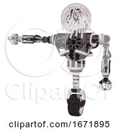 Poster, Art Print Of Bot Containing Round Fiber Optic Connectors Head And Heavy Upper Chest And No Chest Plating And Unicycle Wheel White Halftone Toon Arm Out Holding Invisible Object